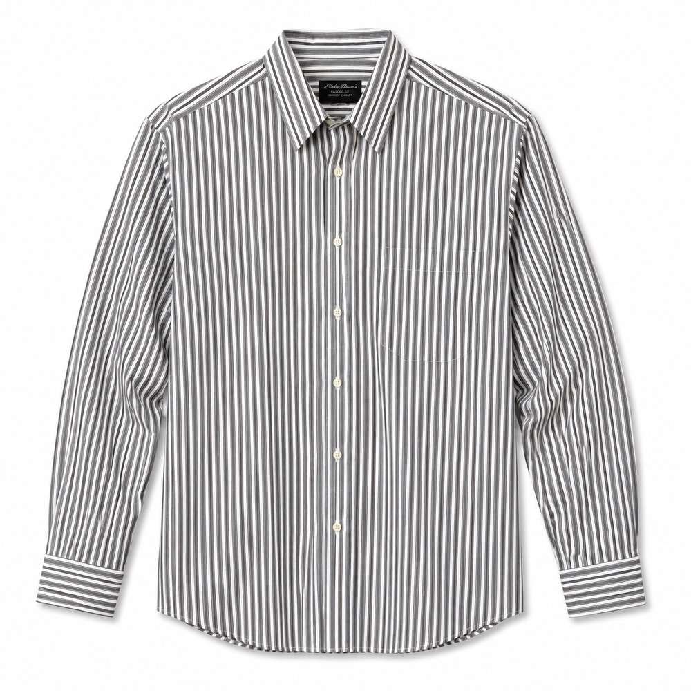 Eddie Bauer Mens L Tall Grey White Striped Button Down Shirt Wrinkle Resistant